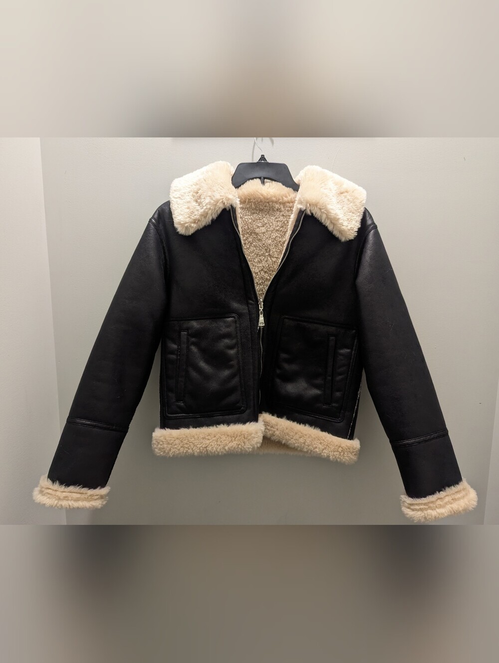 Express NWT Women's Faux Leather Aviator Jacket XS Black Cream Shearling Moto